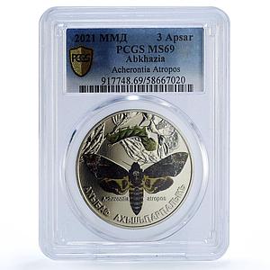 Abkhazia 3 apsar Acherontia Atropos Hawkmoth Butterfly MS 69 PCGS Ni coin 2021