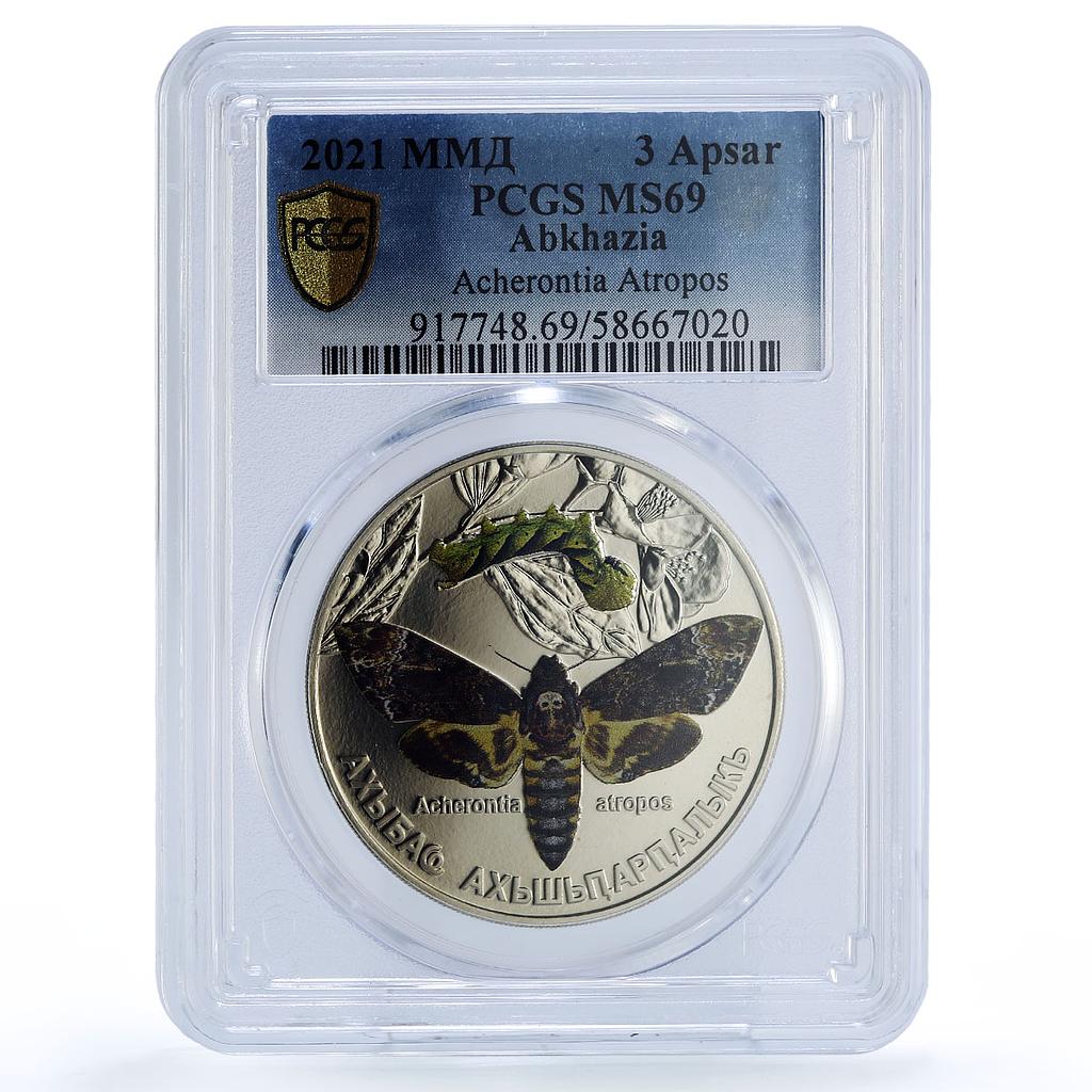 Abkhazia 3 apsar Acherontia Atropos Hawkmoth Butterfly MS 69 PCGS Ni coin 2021