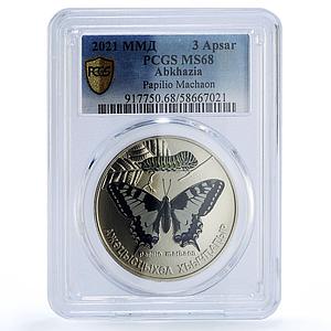 Abkhazia 3 apsar Papilio Machaon Swallowtail Butterfly MS 68 PCGS Ni coin 2021