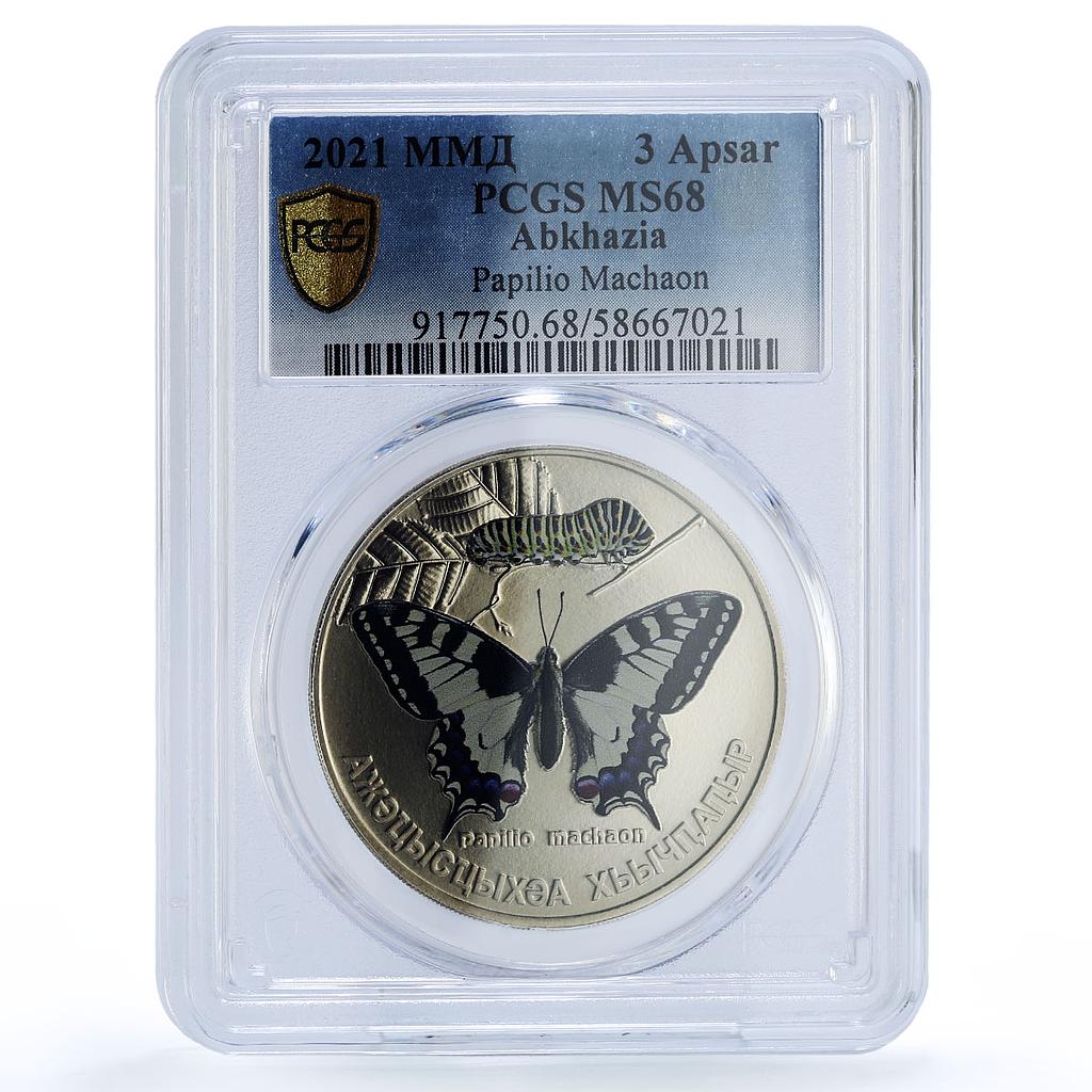 Abkhazia 3 apsar Papilio Machaon Swallowtail Butterfly MS 68 PCGS Ni coin 2021