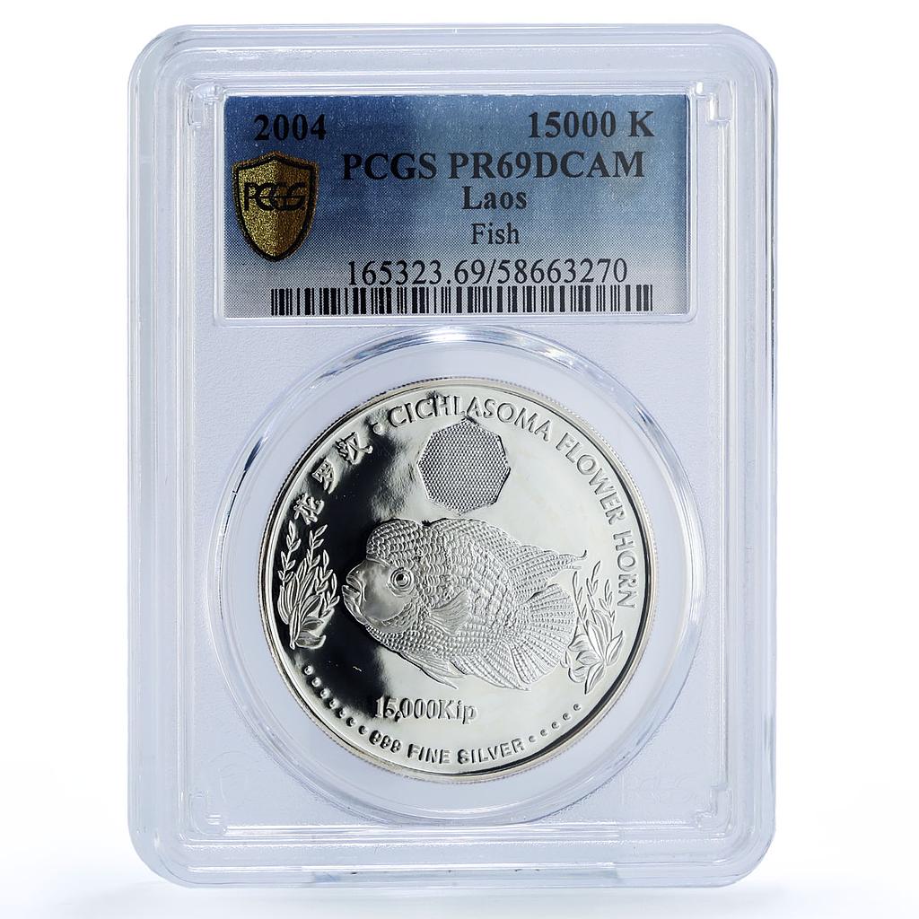 Laos 15000 kip Chilasoma Fower Horn KM-117 Fish Fauna PR69 PCGS silver coin 2003