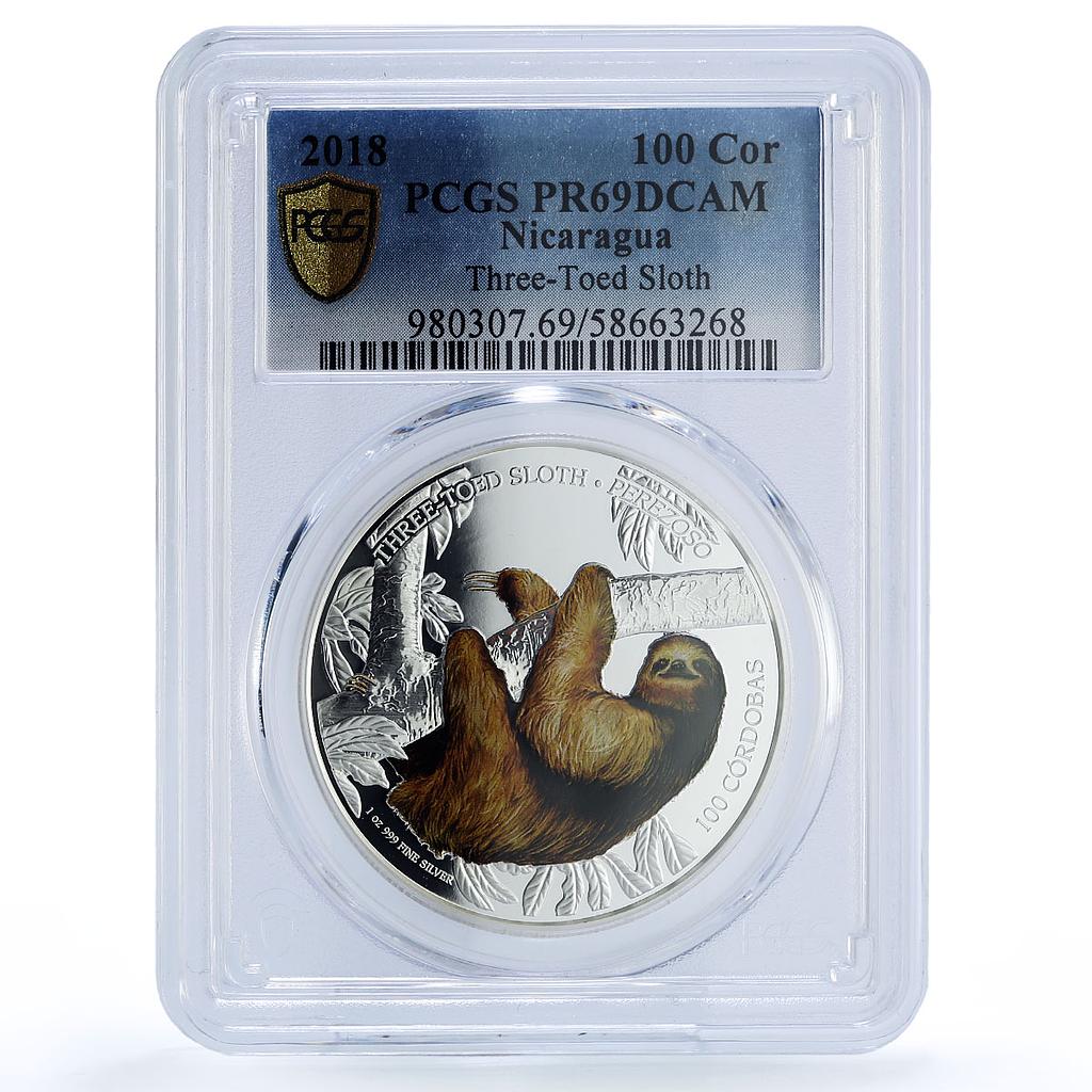 Nicaragua 100 cordobas Three Toed Sloth KM-125 Fauna PR 69 PCGS silver coin 2018