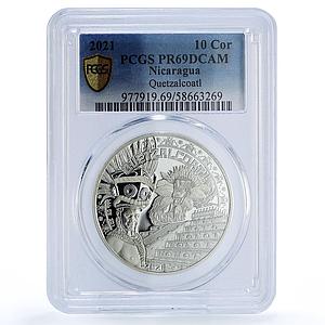 Nicaragua 10 cordobas Quetzalcoatl Maya KM-148 PR 69 PCGS silver coin 2021