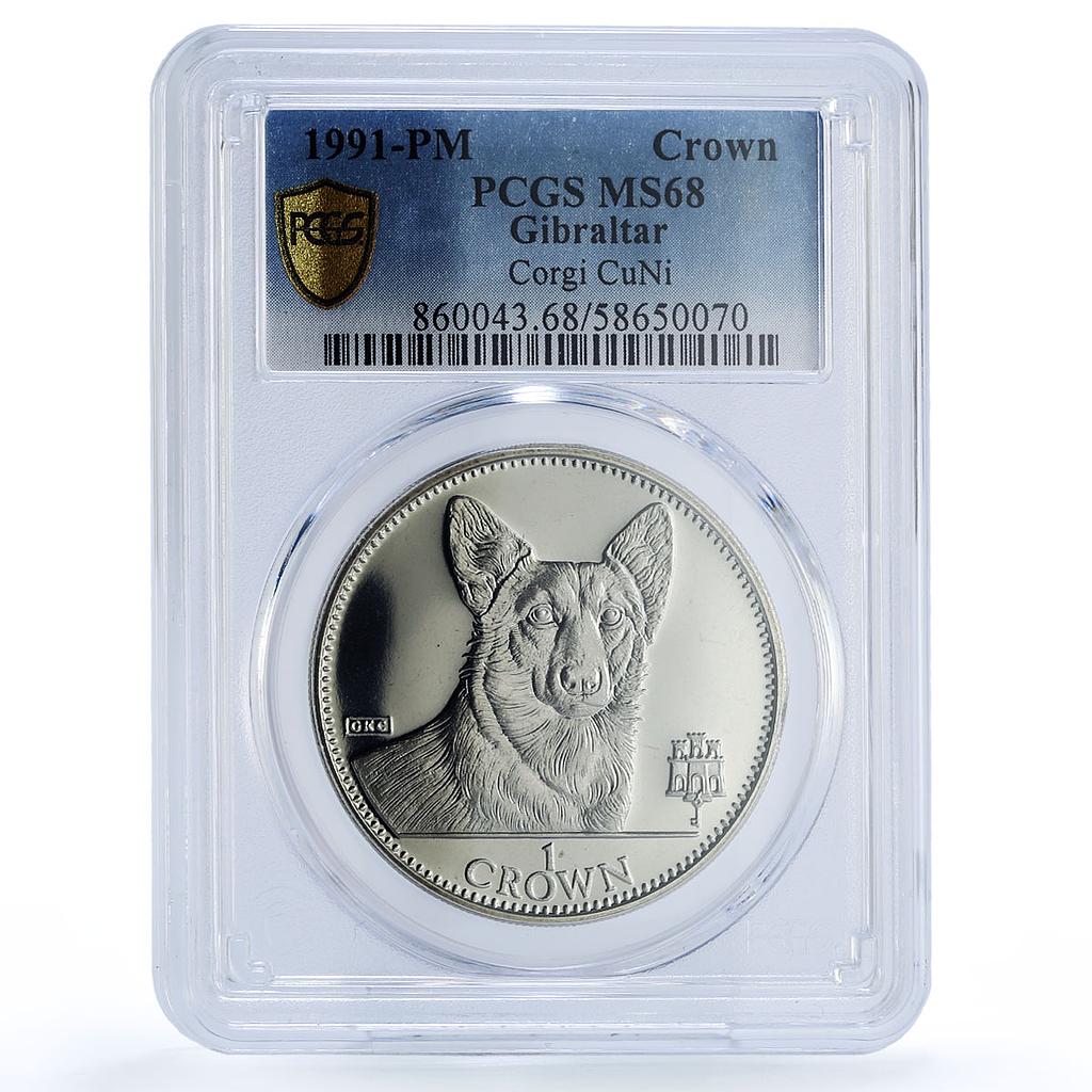 Gibraltar 1 crown Corgi Man Best Friends Dog MS 68 PCGS CuNi coin 1991
