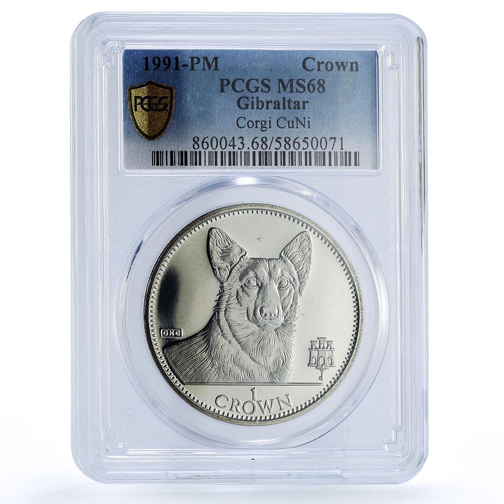 Gibraltar 1 crown Corgi Man Best Friends Dog MS 68 PCGS CuNi coin 1991