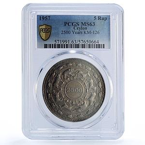 Ceylon 5 rupees Buddhism 2500 Year KM-126 Religion MS 63 PCGS silver coin 1957