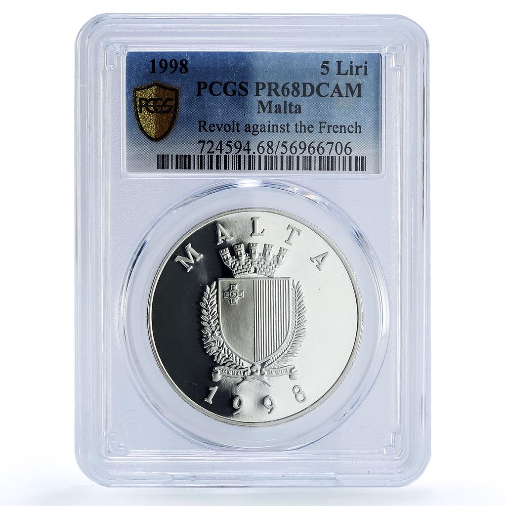 Malta 5 liri Revolt Against the French 1801 History PR 68 PCGS silver coin 1998