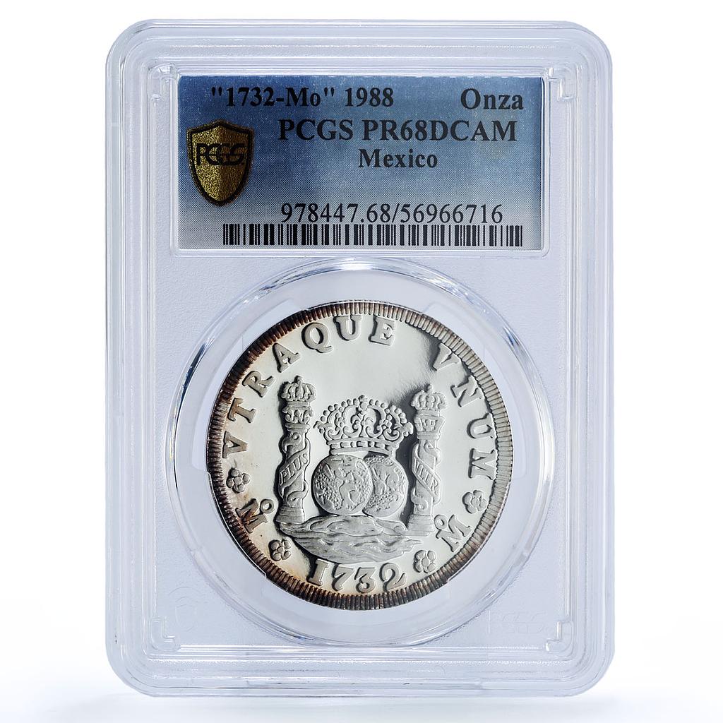 Mexico 1 onza 8 Reales Restrike 1732 Pillar Dollar PR 68 PCGS silver medal 1988