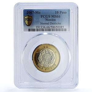 Mexico 10 pesos Aztec Rev. Normal Denticles KM-616 MS 66 PCGS bimetal coin 2007