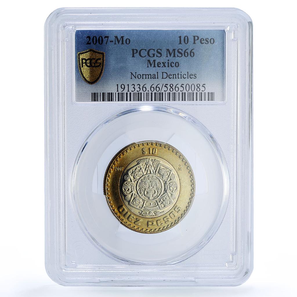 Mexico 10 pesos Aztec Rev. Normal Denticles KM-616 MS 66 PCGS bimetal coin 2007