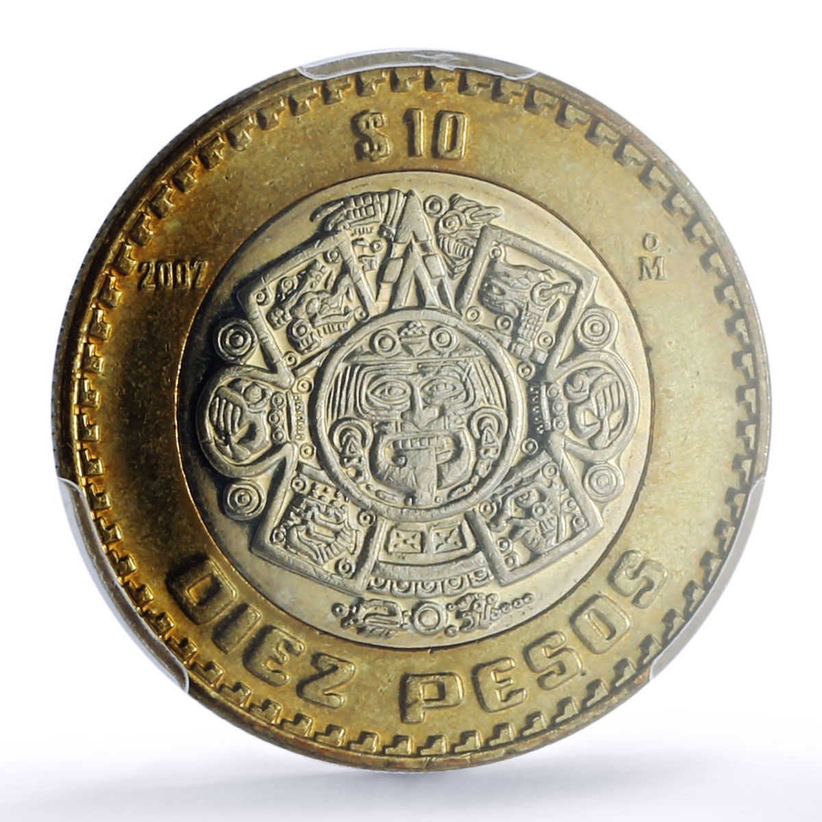 Mexico 10 pesos Aztec Rev. Normal Denticles KM-616 MS 66 PCGS bimetal coin 2007