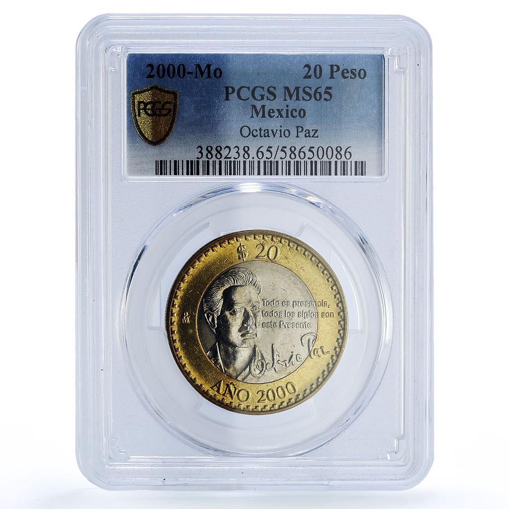 Mexico 20 pesos Octavio Paz Rev. KM-638 MS 66 PCGS bimetal coin 2000 - 2001