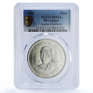 Philippines 1 peso Andres Bonifacio KM-193 Politics MS 64 PCGS silver coin 1963