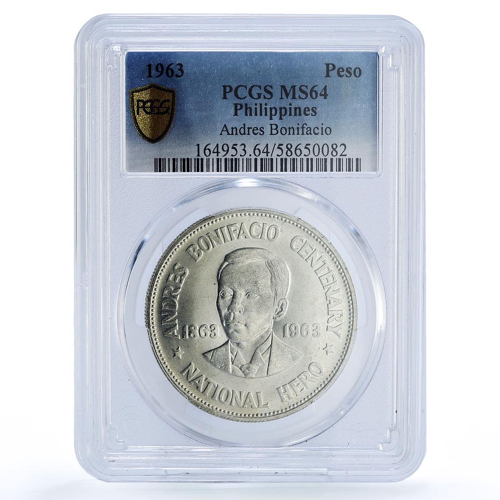 Philippines 1 peso Andres Bonifacio KM-193 Politics MS 64 PCGS silver coin 1963