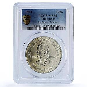 Philippines 1 peso Apolinario Mabini KM-194 Politics MS 64 PCGS silver coin 1964