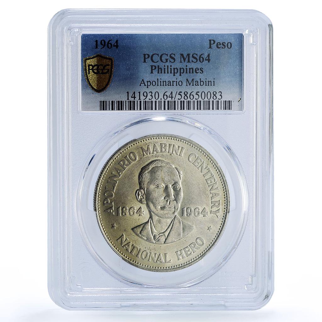 Philippines 1 peso Apolinario Mabini KM-194 Politics MS 64 PCGS silver coin 1964