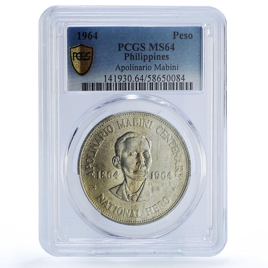 Philippines 1 peso Apolinario Mabini KM-194 Politics MS 64 PCGS silver coin 1964
