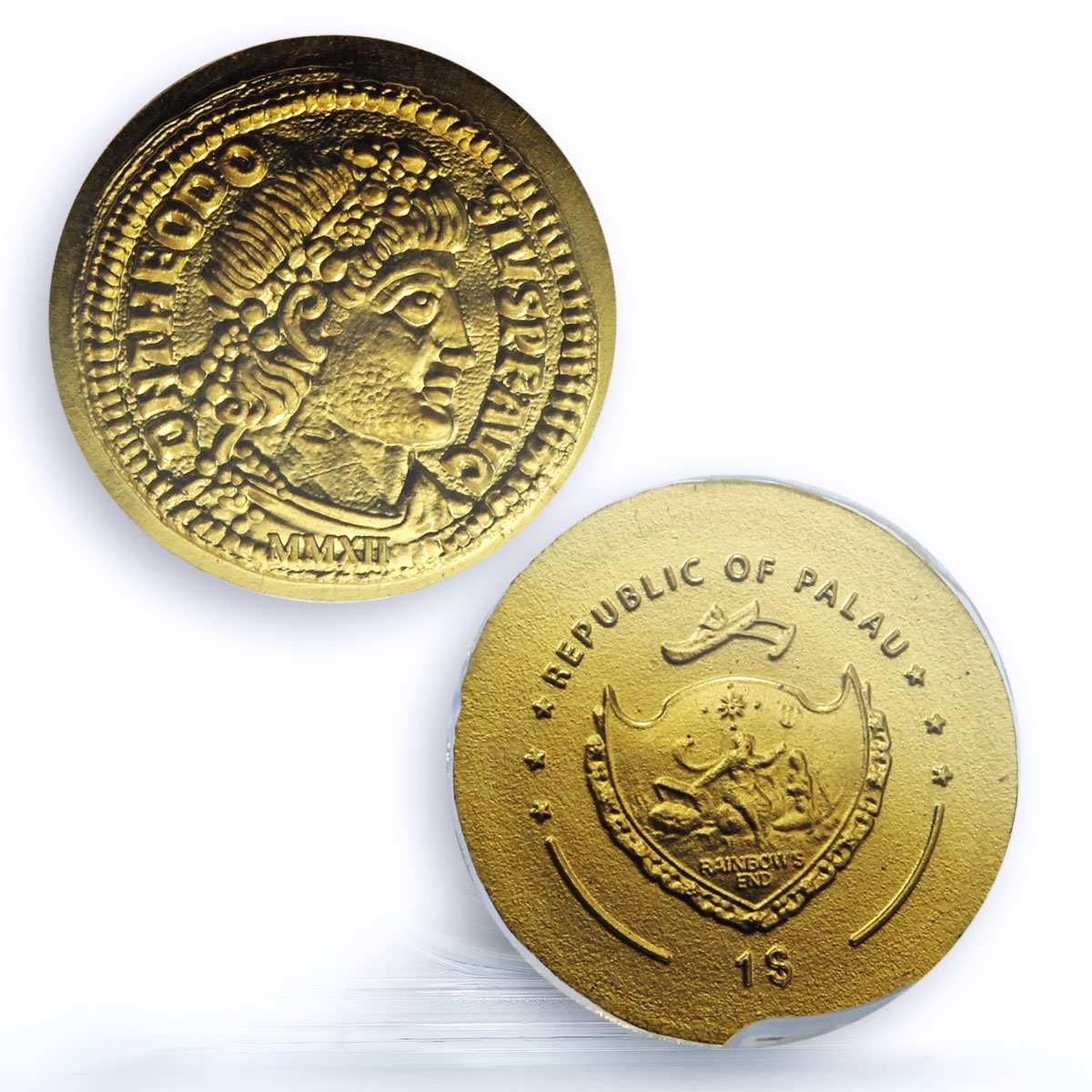 Palau 1 dollar Theodosius Aureus Restrike KM-610 MS 70 PCGS gold coin 2012