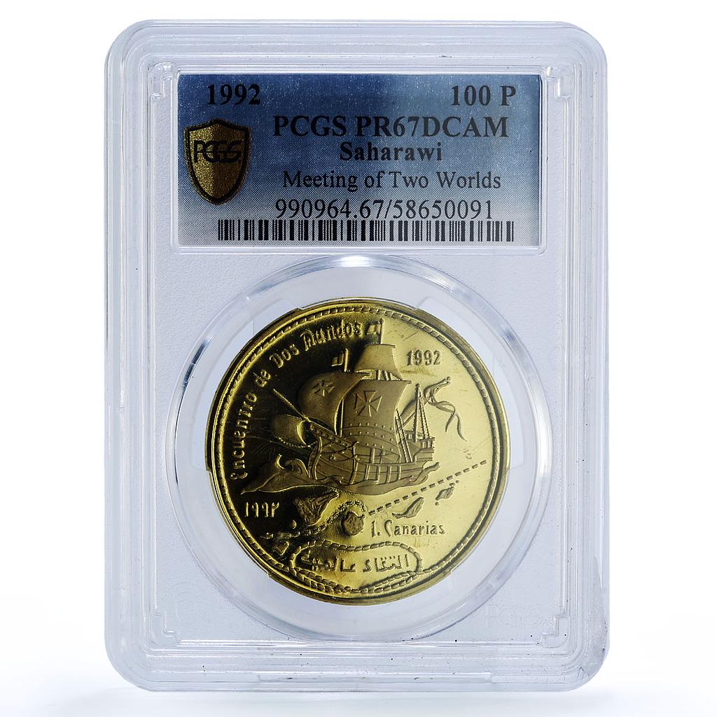 Saharawi 100 pesetas Encounter Two Worlds Ship KM-40 PR 67 PCGS brass coin 1992