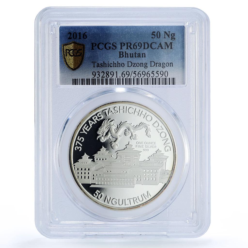 Bhutan 50 ngultrum Tashichho Dzong Dragon PR 69 PCGS silver coin 2016