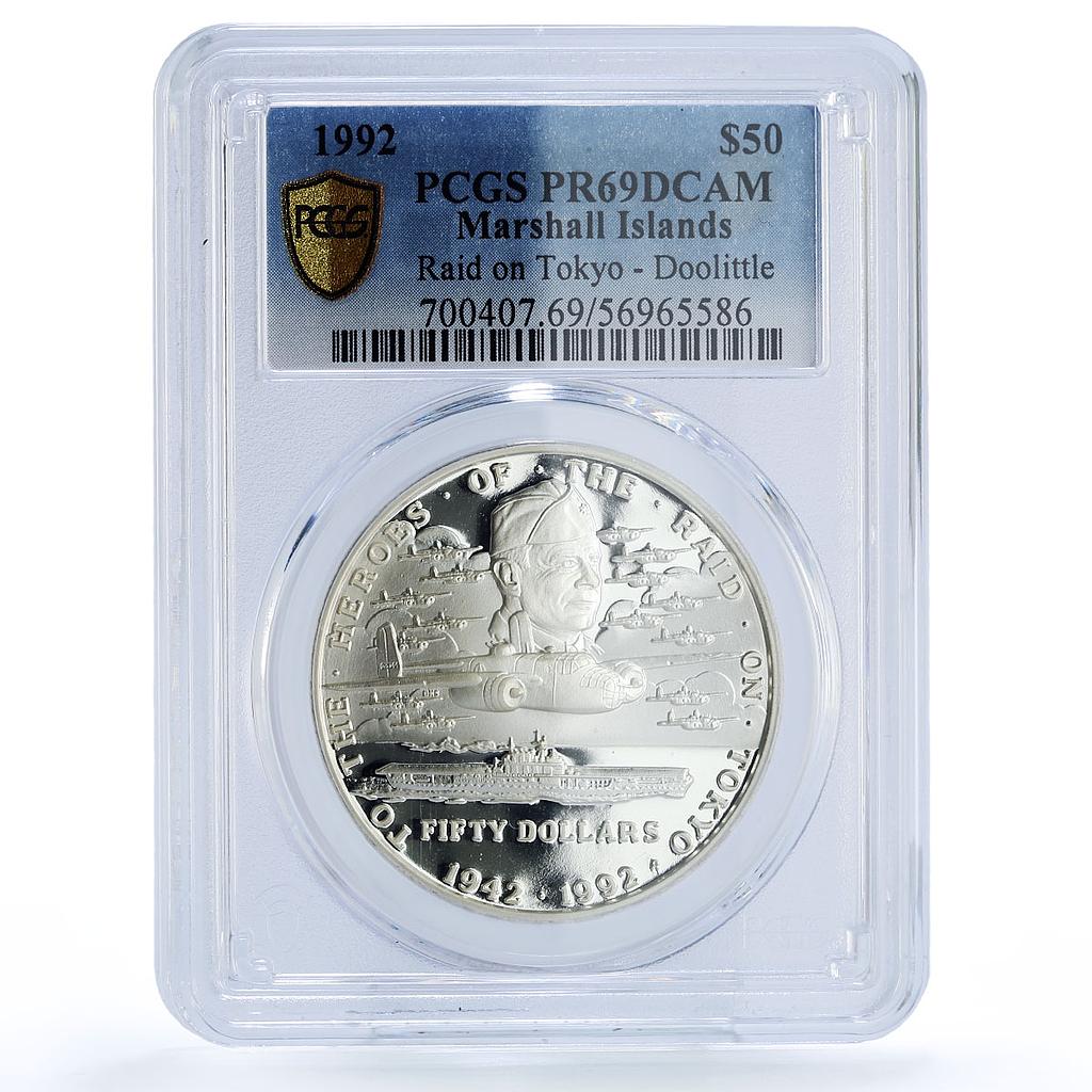 Marshall Isl. 50 dollars Raid Tokyo Doolittle Planes PR 69 PCGS silver coin 1992