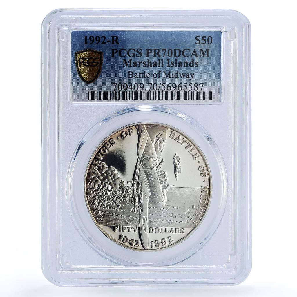 Marshall Islands 50 dollars Midway Battleship Planes PR 70 PCGS silver coin 1992