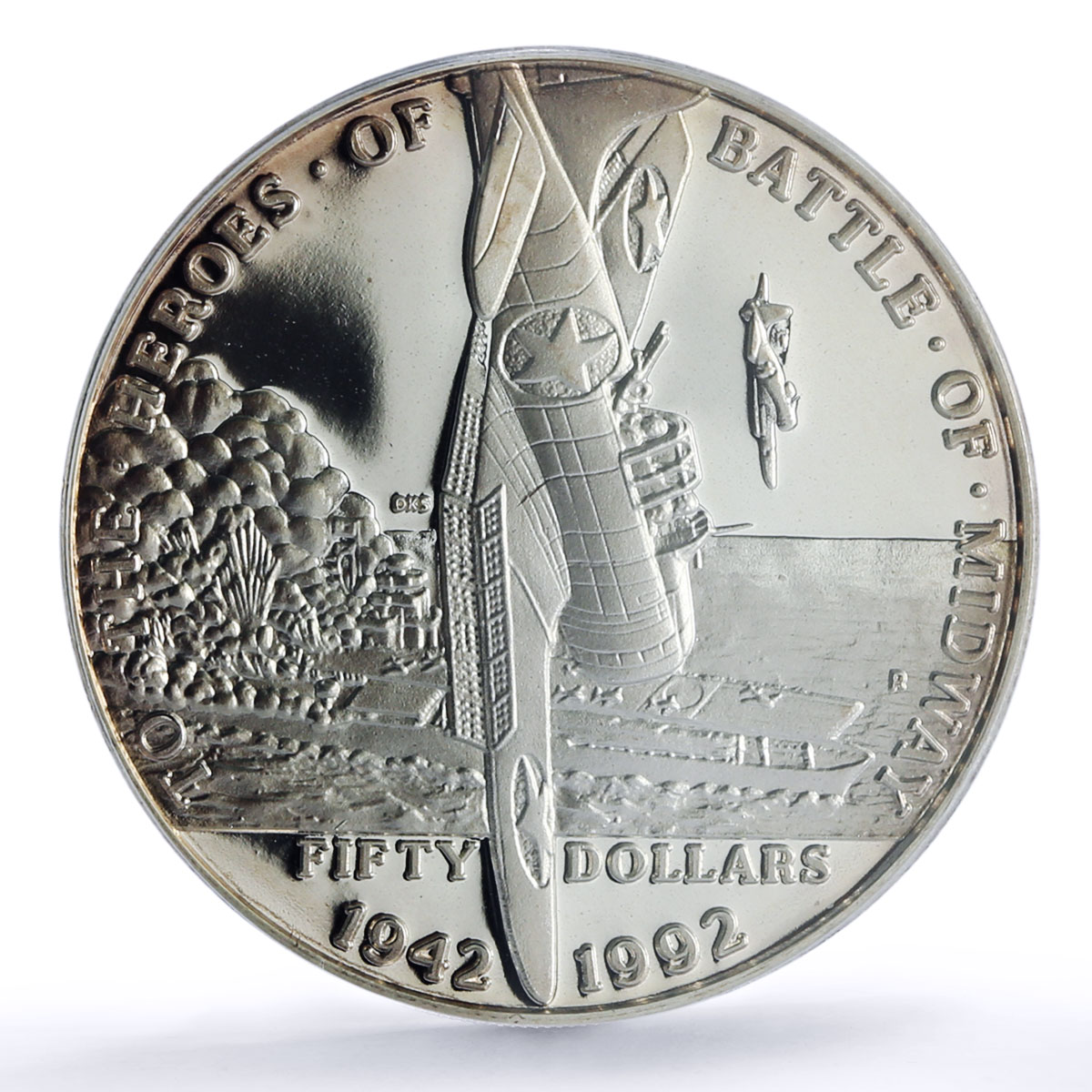 Marshall Islands 50 dollars Midway Battleship Planes PR 70 PCGS silver coin 1992