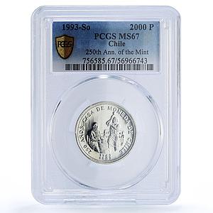 Chile 2000 pesos Mint Anniversary Metalworkers KM-223 MS67 PCGS silver coin 1993