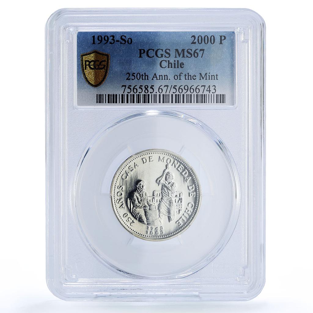 Chile 2000 pesos Mint Anniversary Metalworkers KM-223 MS67 PCGS silver coin 1993