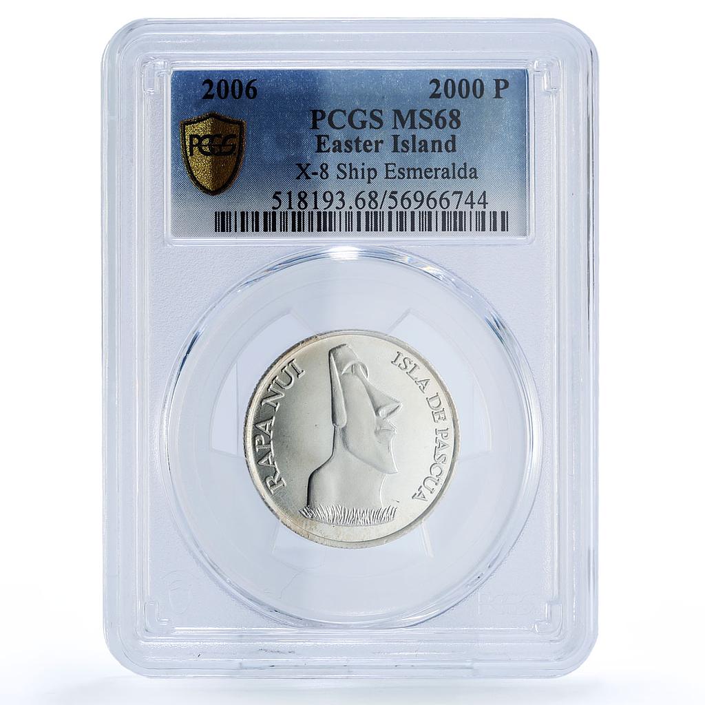 Easter Island 2000 pesos Ship Esmeralda X#8 Clipper MS 68 PCGS silver coin 2006