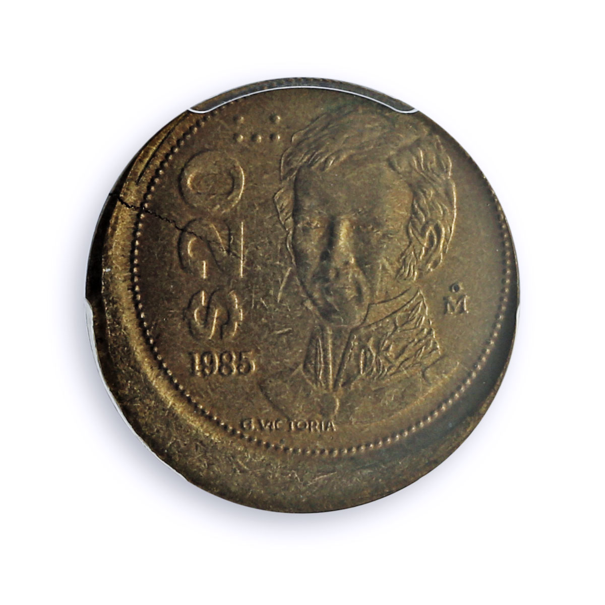 Mexico 20 pesos Republic G. Victoria Error Struck MS65 PCGS brass coin 1985