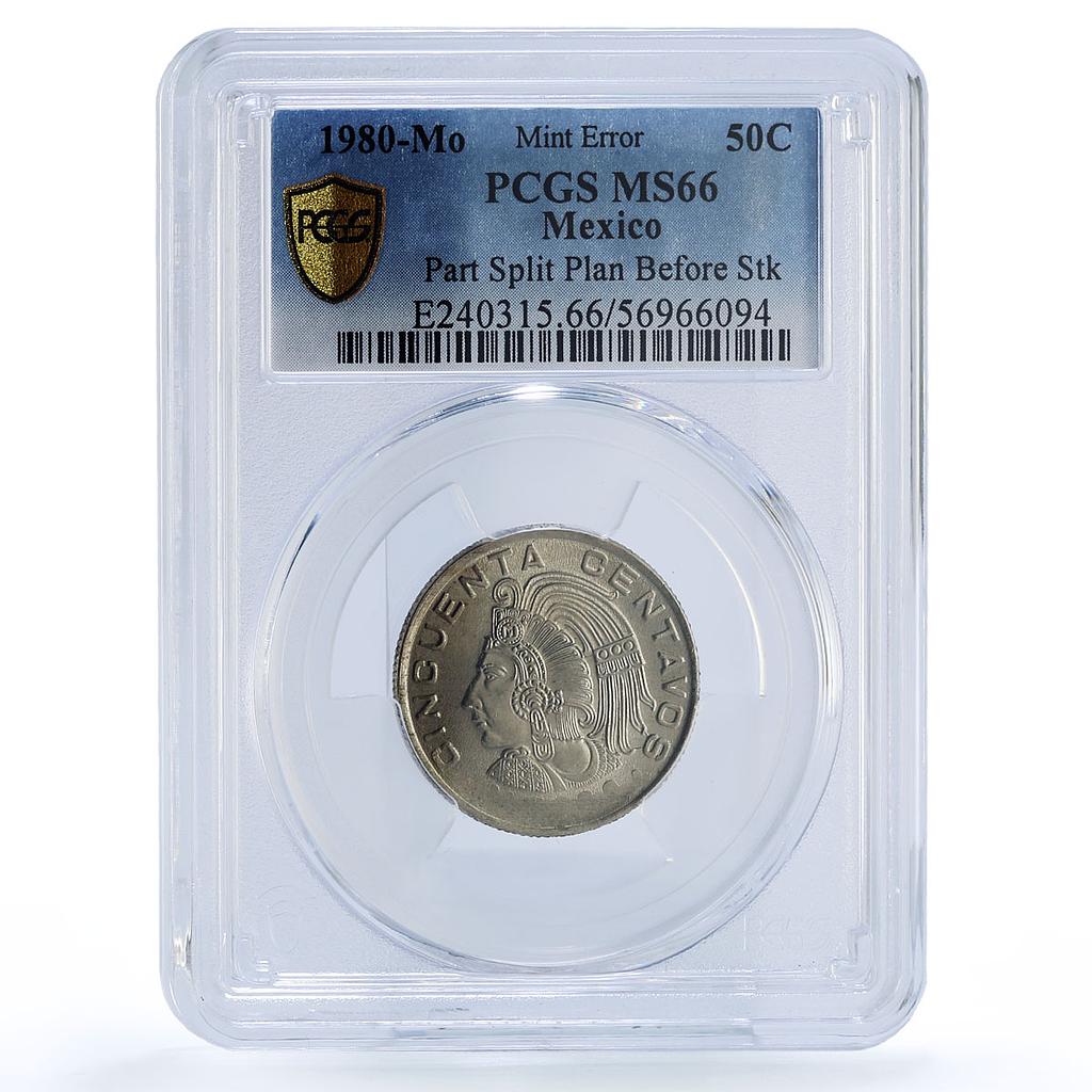 Mexico 50 centavos Republic Cuauhtemoc Error Part Split MS66 PCGS CuNi coin 1980