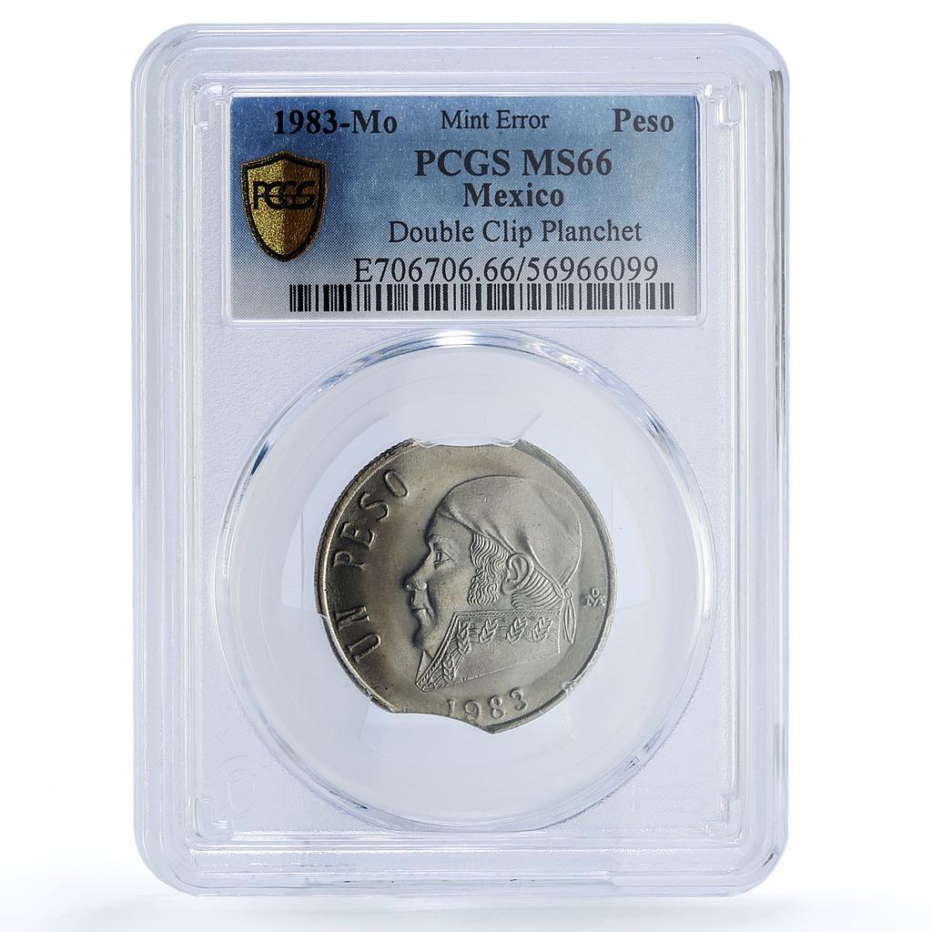 Mexico 1 peso Republic Morelos Pavon Error Double Clip MS66 PCGS CuNi coin 1983