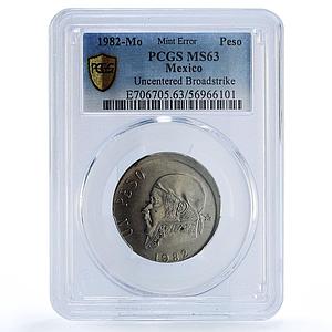 Mexico 1 peso Republic Morelos Pavon Error Uncentered MS63 PCGS CuNi coin 1982