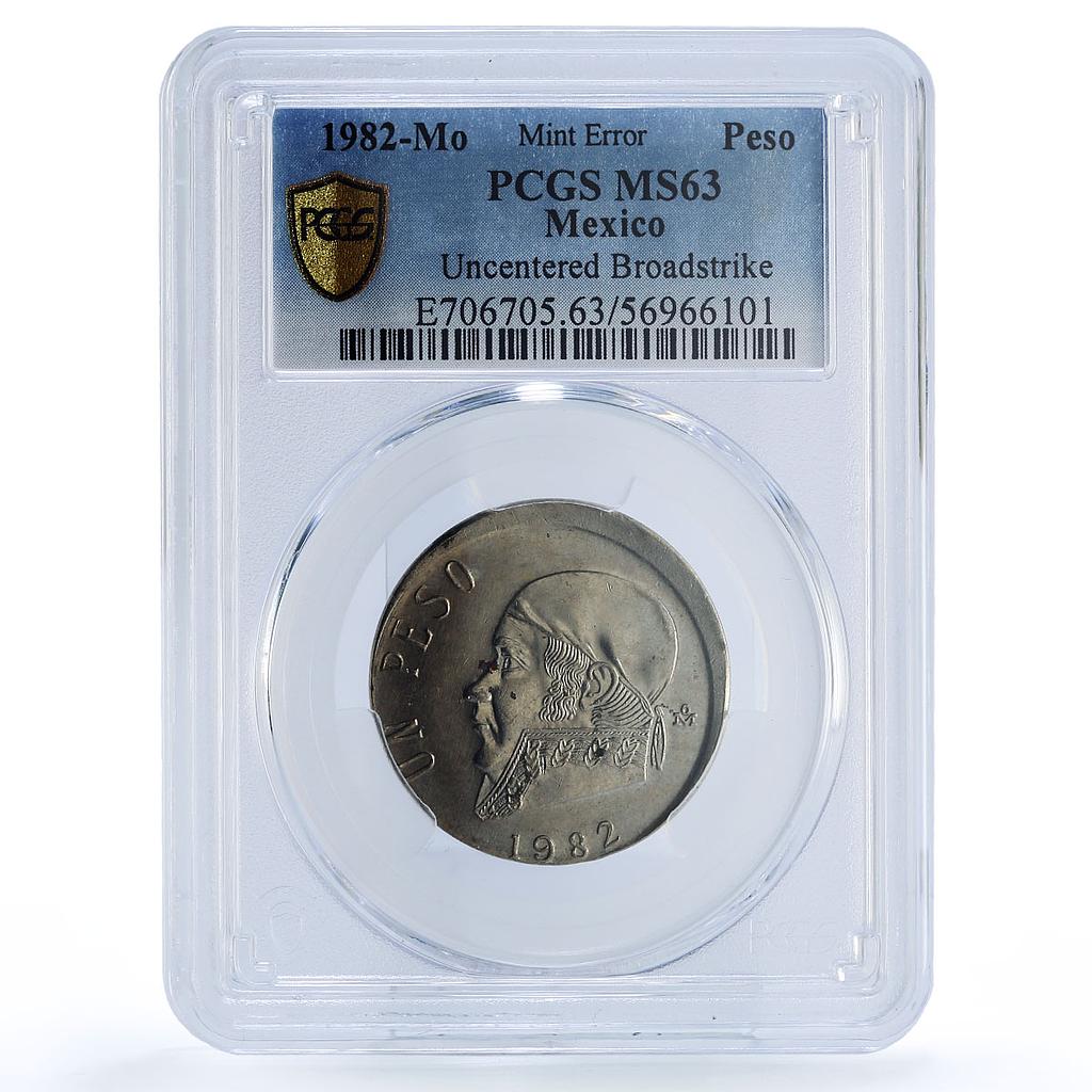 Mexico 1 peso Republic Morelos Pavon Error Uncentered MS63 PCGS CuNi coin 1982