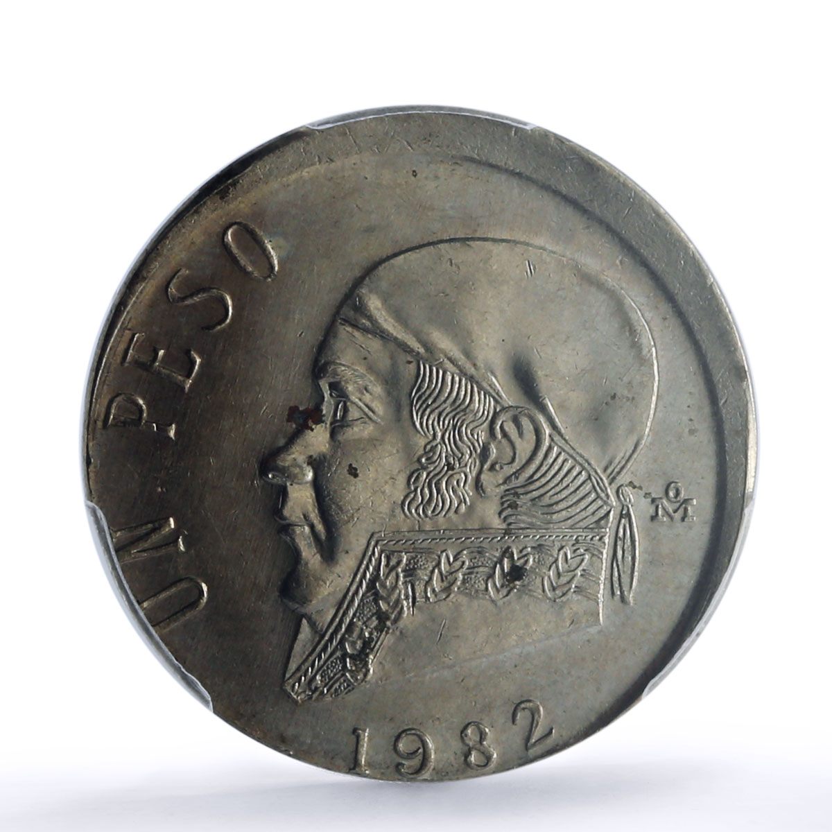 Mexico 1 peso Republic Morelos Pavon Error Uncentered MS63 PCGS CuNi coin 1982