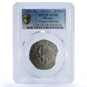 Mexico 10 peso Republic Costilla Error Clipped Planchet AU58 PCGS CuNi coin 1981