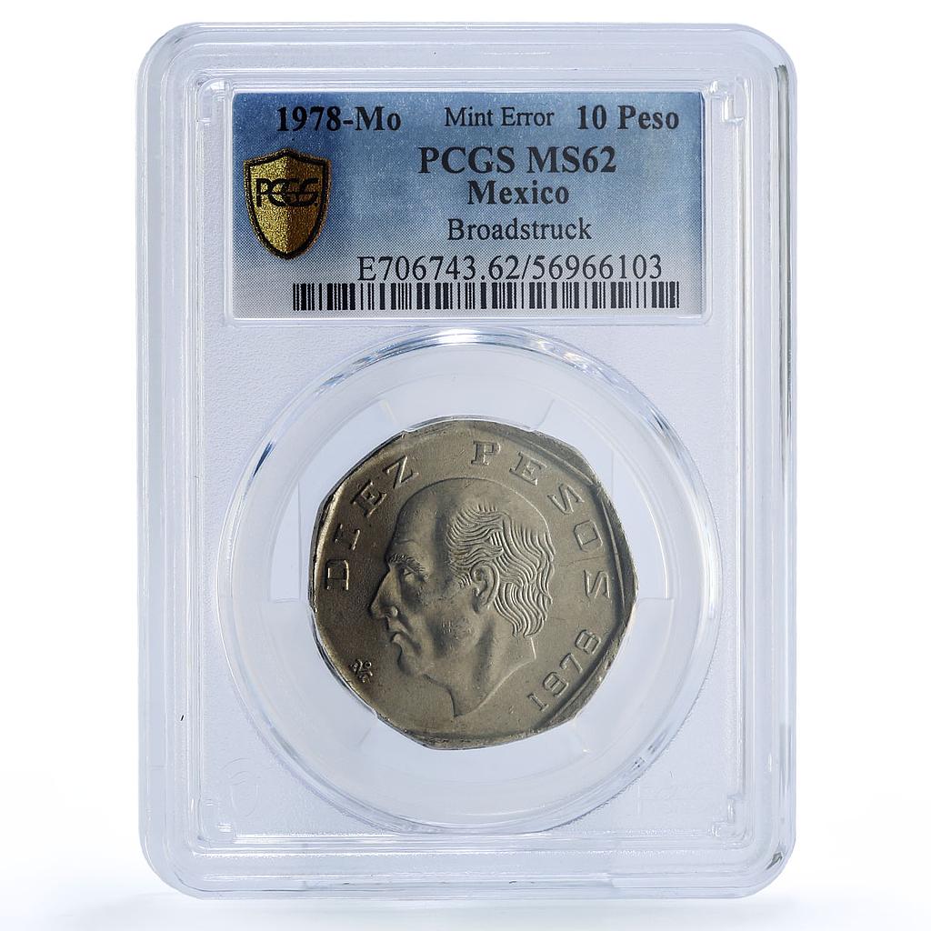 Mexico 10 pesos Republic Mint Error Broadstruck MS 62 PCGS CuNi coin 1978
