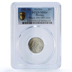 Mexico 20 centavos Republic Mint Error Struck Center MS 64 PCGS CuNi coin 1982