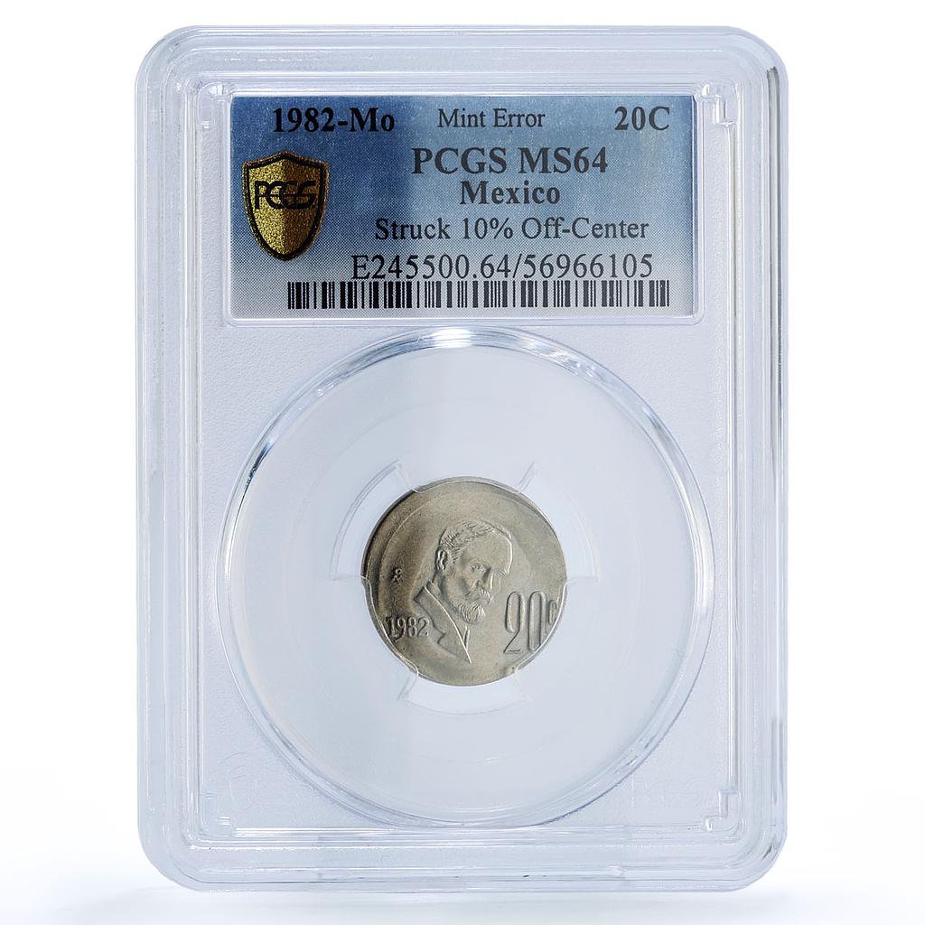 Mexico 20 centavos Republic Mint Error Struck Center MS 64 PCGS CuNi coin 1982