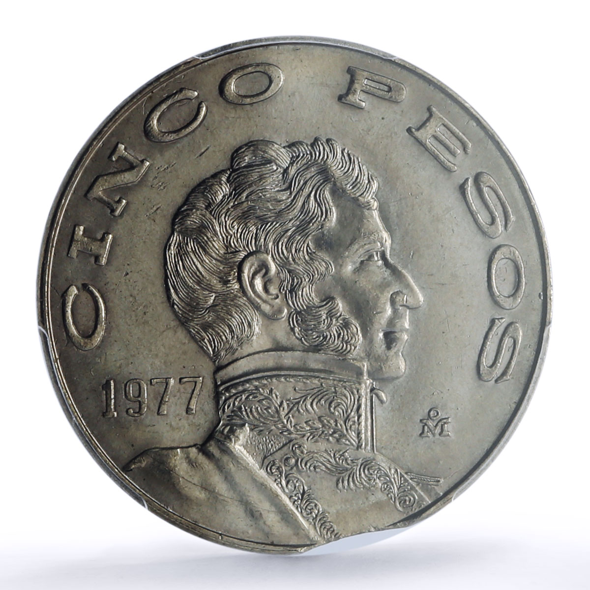Mexico 5 pesos Republic Mint Error Clipped Planchet MS 64 PCGS CuNi coin 1977