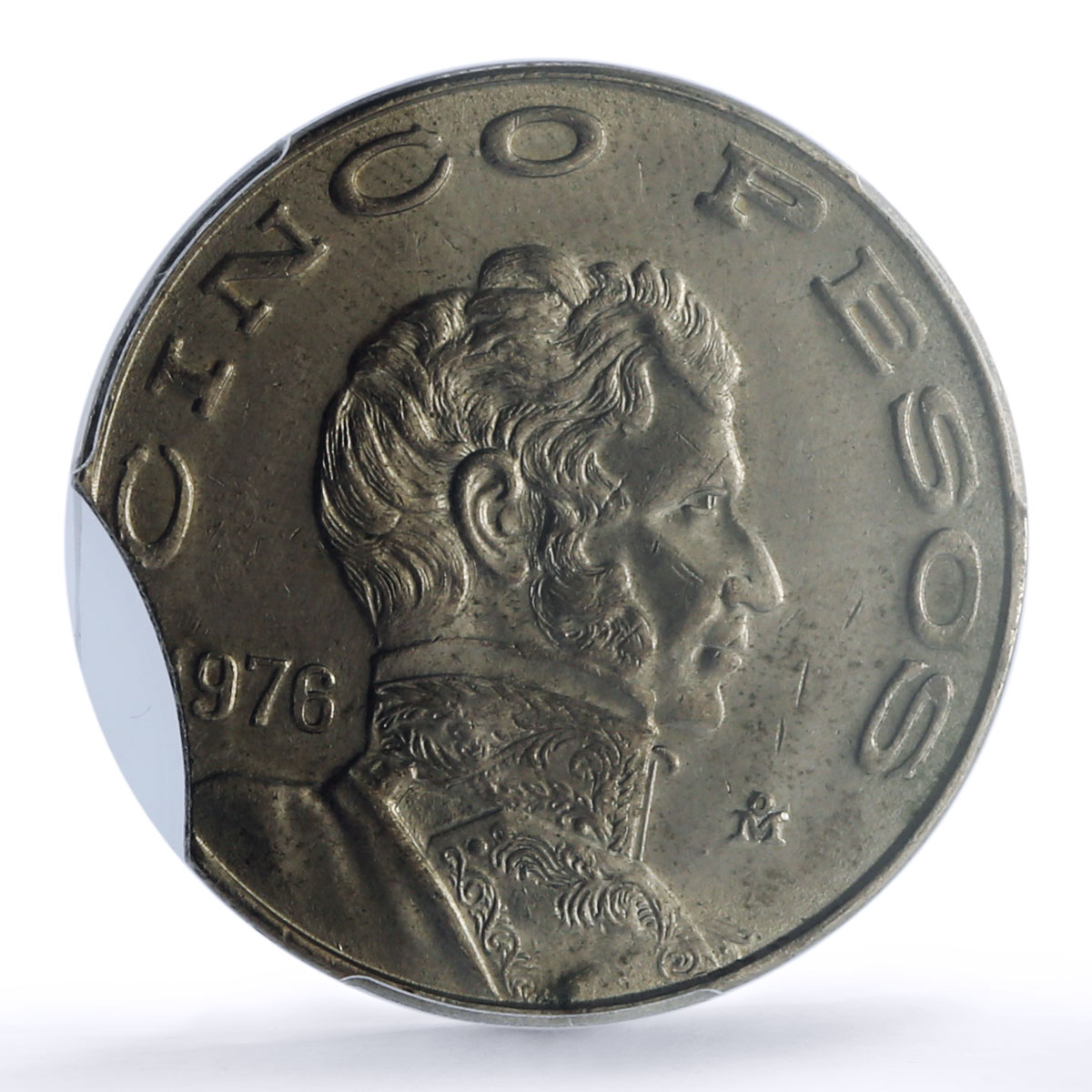 Mexico 5 pesos Republic Mint Error Clipped Planchet MS 62 PCGS CuNi coin 1976