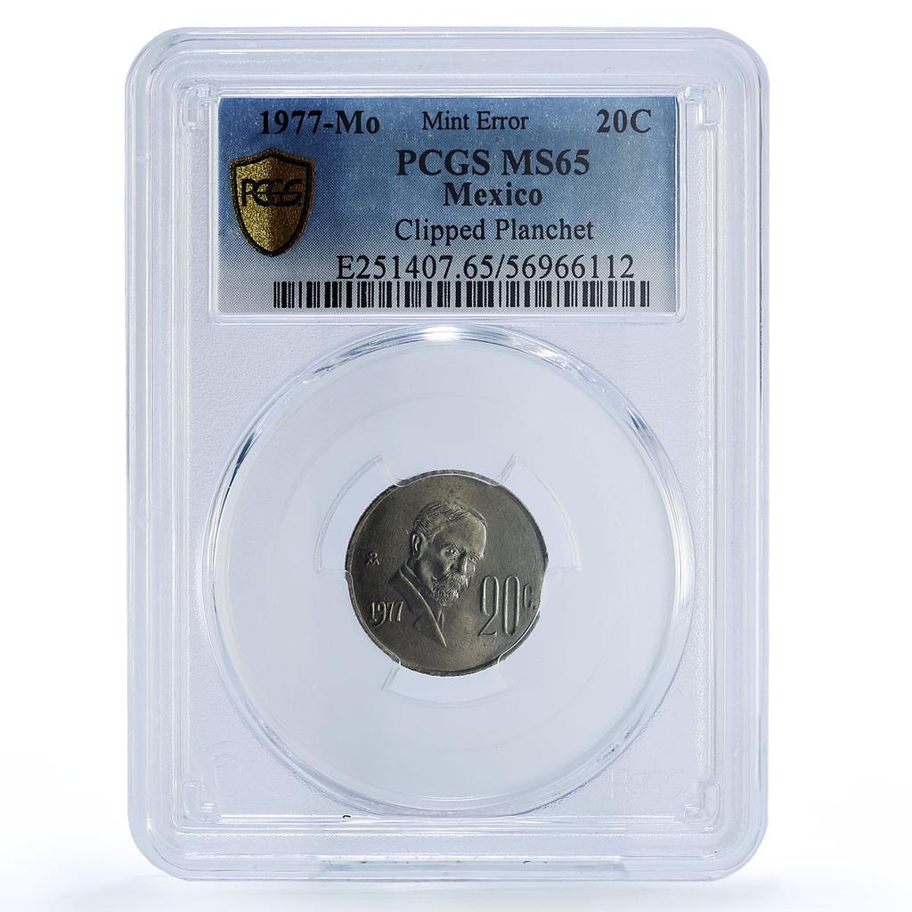 Mexico 20 centavos Republic Mint Error Clipped Planchet MS65 PCGS CuNi coin 1977