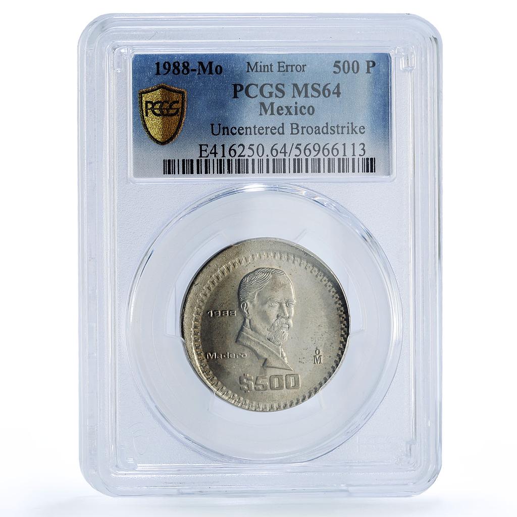 Mexico 500 pesos Republic Mint Error Broadstruck MS 64 PCGS CuNi coin 1988