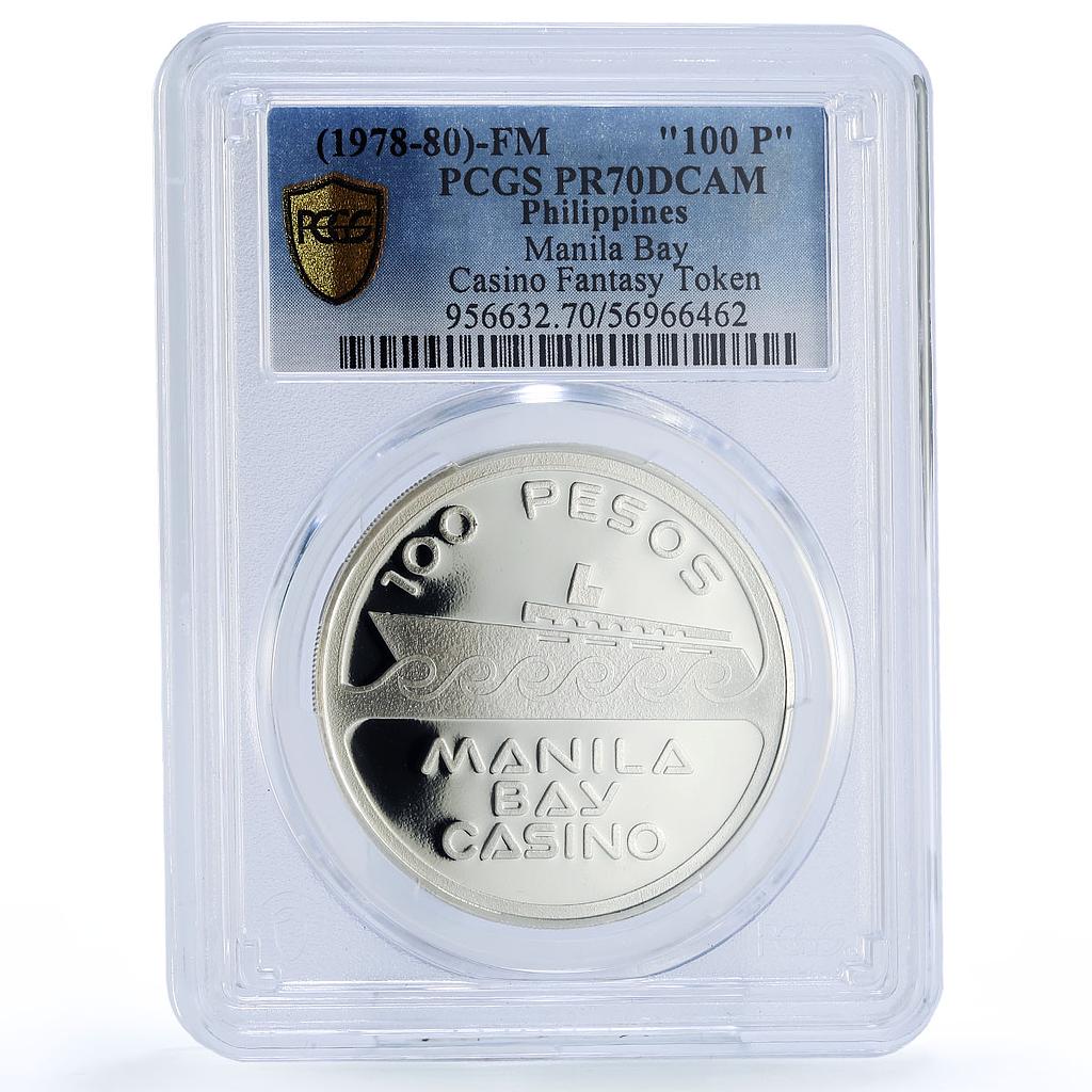 Philippines Manila Bay Casino Fantasy Token 100 PR 70 PCGS silver 1978 - 1980 FM
