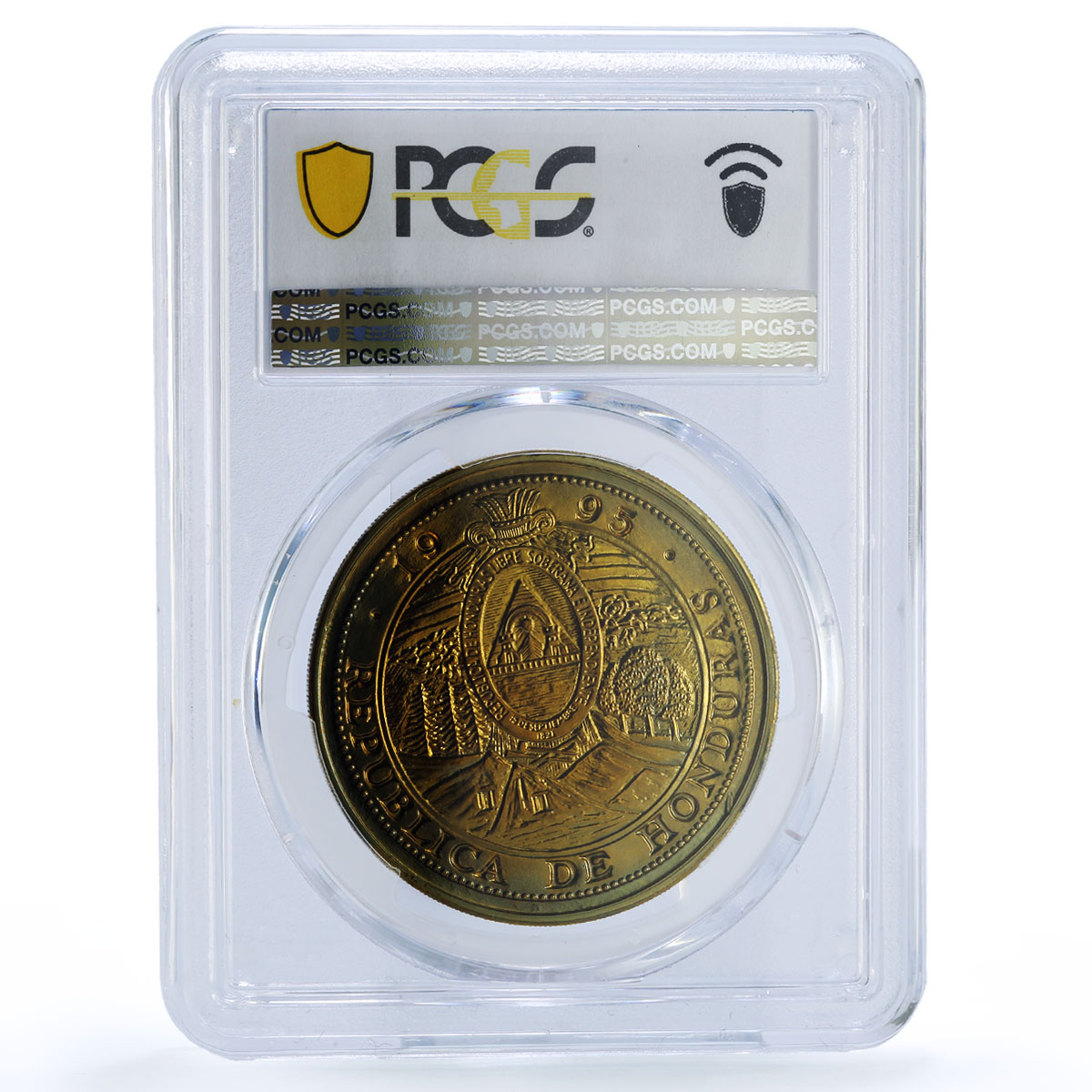 Honduras 10 lempiras Pattern Brass Alloy X#1a.1 PR 67 PCGS RE coin 1995