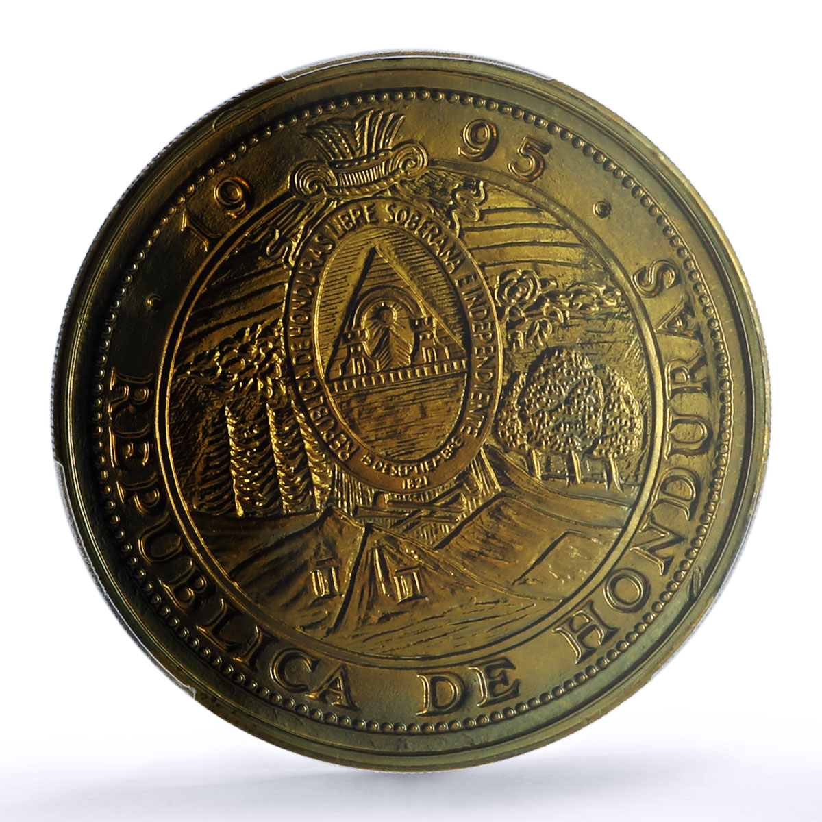 Honduras 10 lempiras Pattern Brass Alloy X#1a.1 PR 67 PCGS RE coin 1995