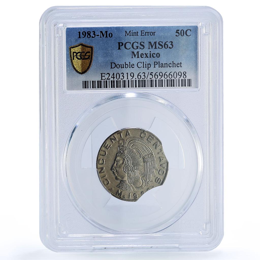 Mexico 50 centavos Republic Pakal Palenque Error Double Clip MS63 PCGS coin 1983