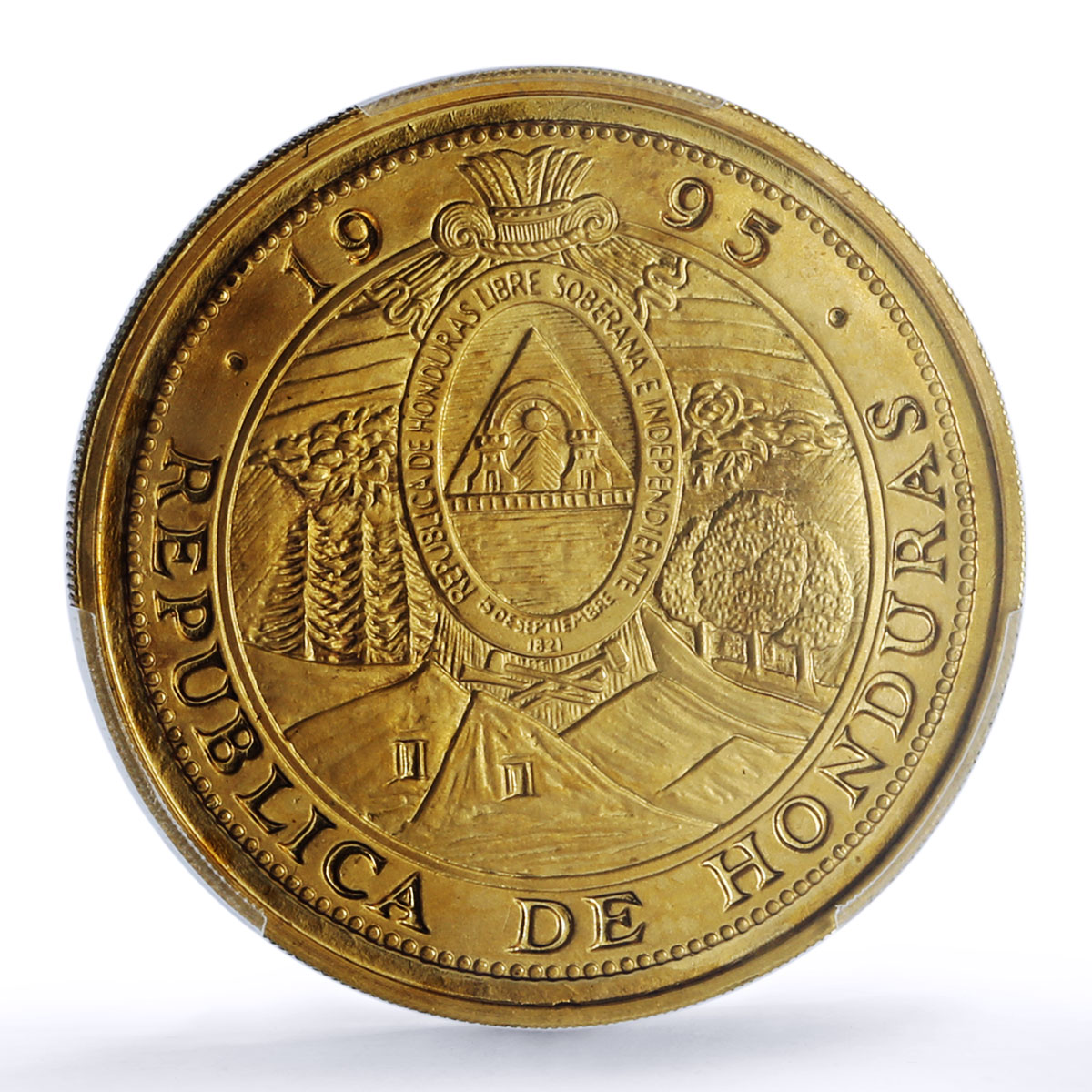 Honduras 10 lempiras Pattern Gilt Alloy X#1b.1 PR 68 PCGS AE RE coin 1995