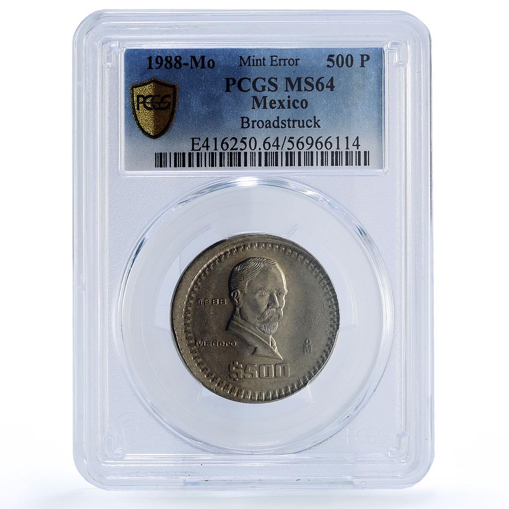 Mexico 500 pesos Republic Mint Error Broadstrike MS 64 PCGS CuNi coin 1988